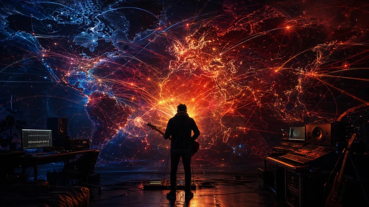 Musician silhouette amid global map lights and erupting sound waves, evoking intense instrumental longing.