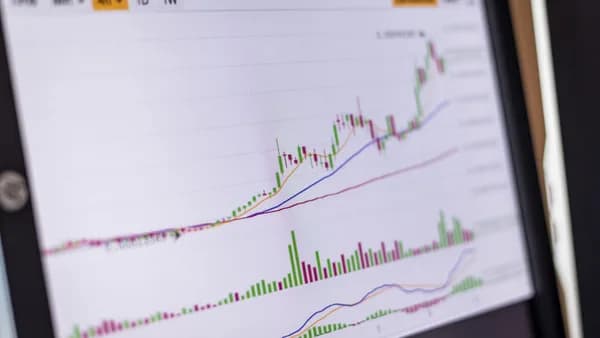 Close-up of a trading screen showing an increasing stock market chart.