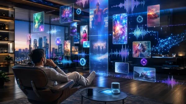 Futuristic media lounge showing abstract video feed screens and audio waves in a social app environment.