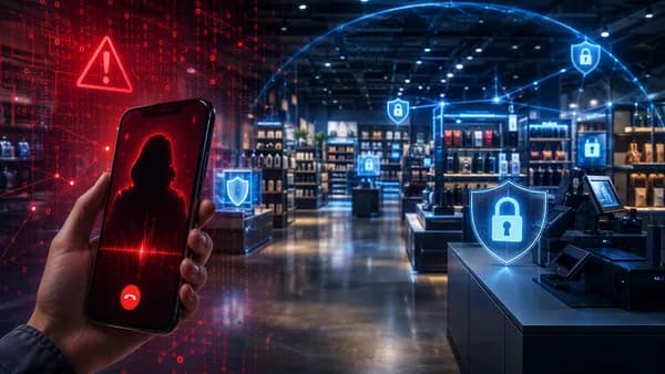 Cybersecurity-themed retail store scene showing phone scam threat and digital protection shields.
