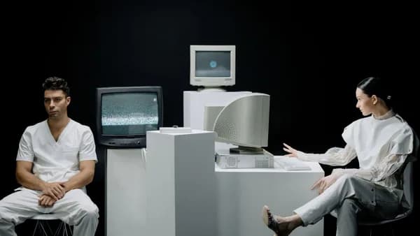 A modern depiction with vintage computers and individuals in a futuristic lab setting.