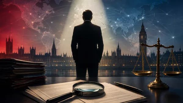 Symbolic UK political standards investigation with documents, scales, and global map connections.