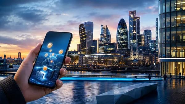 Unbranded fintech app with crypto visuals in London financial district, suggesting UK crypto approval.