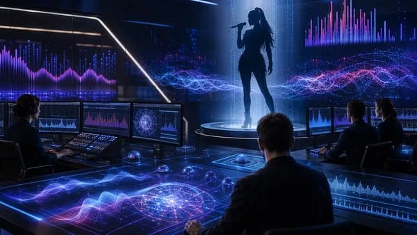 AI music authenticity questioned in a futuristic chart analytics studio