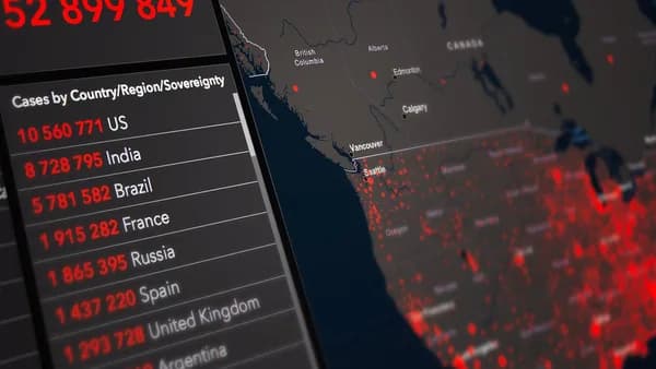 Detailed map showing COVID-19 global cases with data visualization by country.