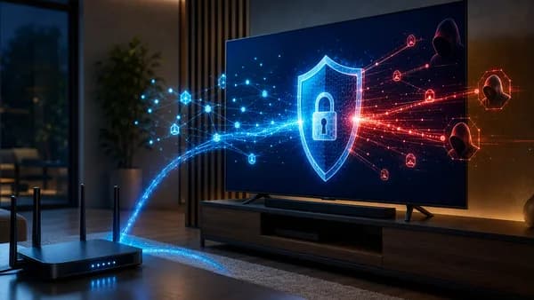 Smart TV and home router protected by a cyber shield blocking suspicious proxy connections.