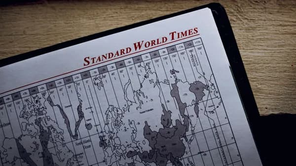 Top view of time zone illustration on page of agenda with inscription on wooden surface