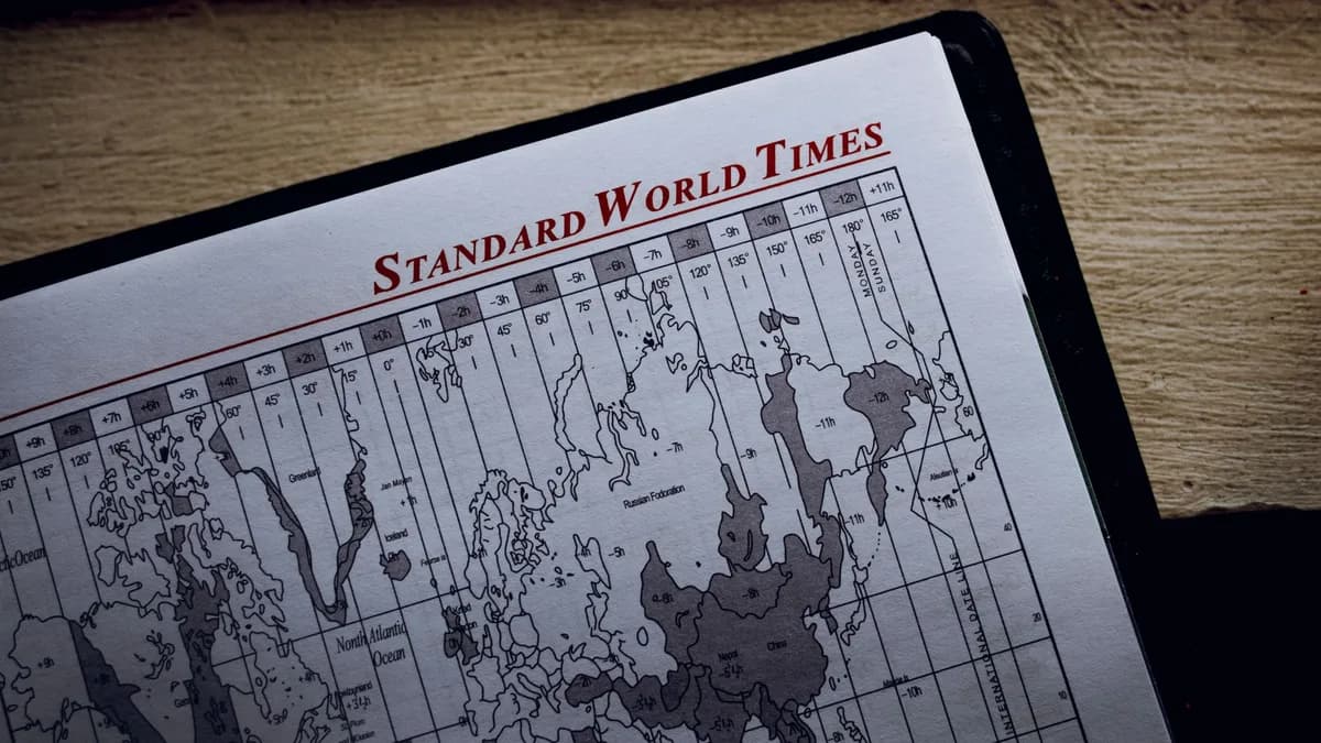 Top view of time zone illustration on page of agenda with inscription on wooden surface