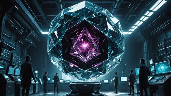 Wide establishing shot: A dim, high-security lab where a single, intricately faceted alien crystal floats in a containment beam, its core emitting a soft, chaotic pulse of light. Scientists are silhouetted, looking small and awe-struck. Digital art, cinem