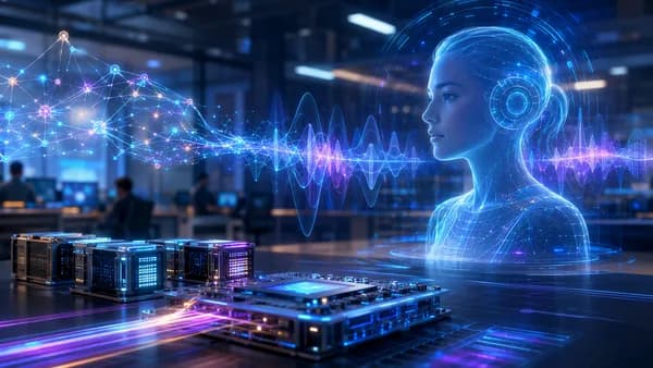 Futuristic AI voice lab with glowing neural networks, soundwaves, and compact servers suggesting ultra-fast voice agents.