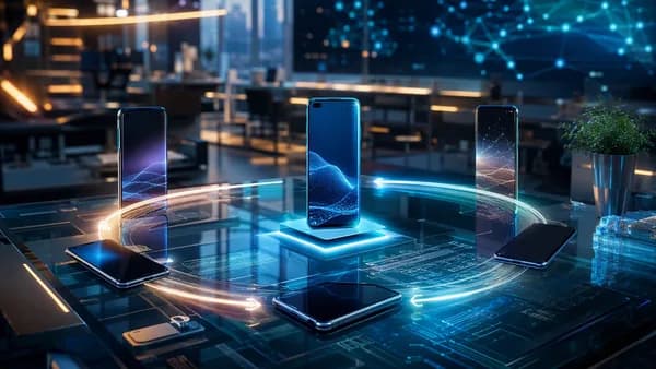 Unbranded smartphones in a futuristic workspace suggesting upgrade subscriptions and resale cycles