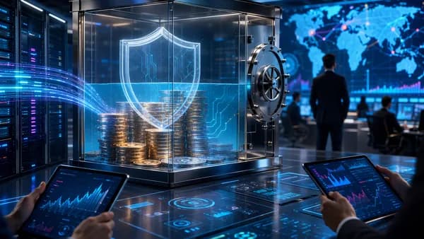 Generic stablecoin reserves in a digital vault, showing profit growth and a thinner safety buffer.