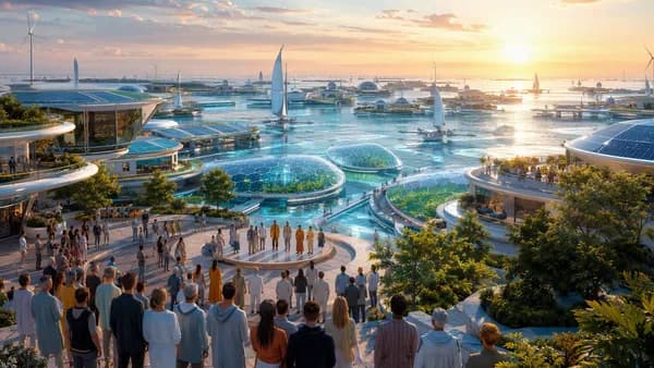Wide establishing shot of a near-future floating solar archipelago at dawn, modular homes on reef platforms, algae gardens glowing emerald under transparent wave barriers, autonomous sail drones crossing calm water, diverse residents gathering in a public