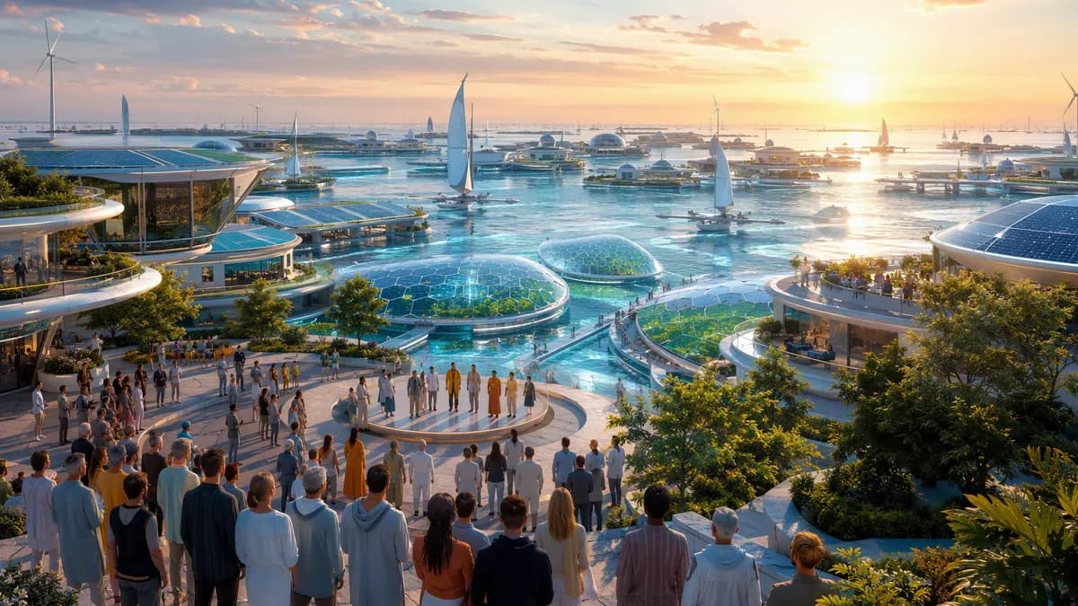 Wide establishing shot of a near-future floating solar archipelago at dawn, modular homes on reef platforms, algae gardens glowing emerald under transparent wave barriers, autonomous sail drones crossing calm water, diverse residents gathering in a public