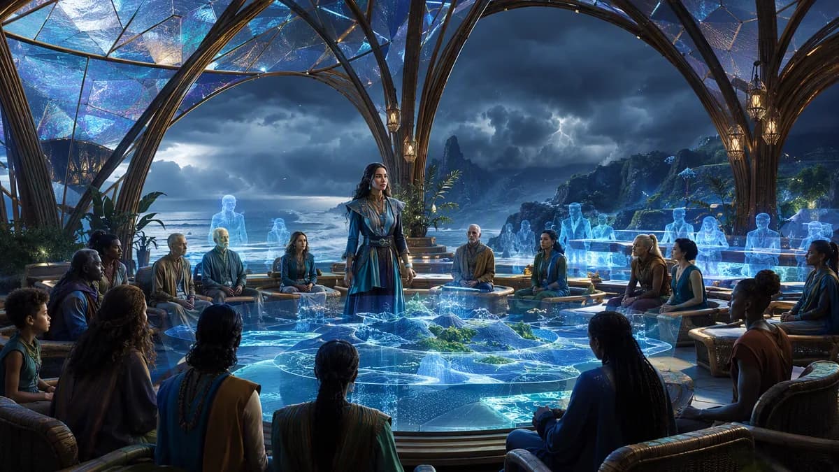 Medium scene inside an open-air governance hall built from bamboo composite and translucent solar glass, Mara Venn standing among holographic civic maps and seated citizens of many ages, remote participants represented as soft light silhouettes, ocean sto