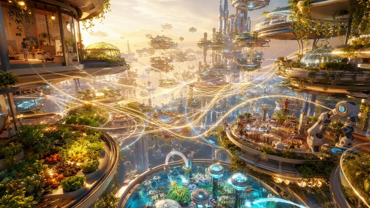 Detail concept image of the Promise Ledger visualized as luminous threads connecting household gardens, childcare rooms, reef sensors, repair robots, and communal kitchens across a floating city, abstract data streams woven with organic roots and sunlight