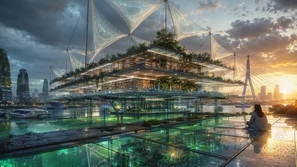 Wide establishing shot of a floating World Memory Library in 2071 Rotterdam, translucent solar sails, algae-green canals, climate-adapted buildings, and a glowing underwater server reef visible beneath the glass floor, rain clouds breaking into warm sunse