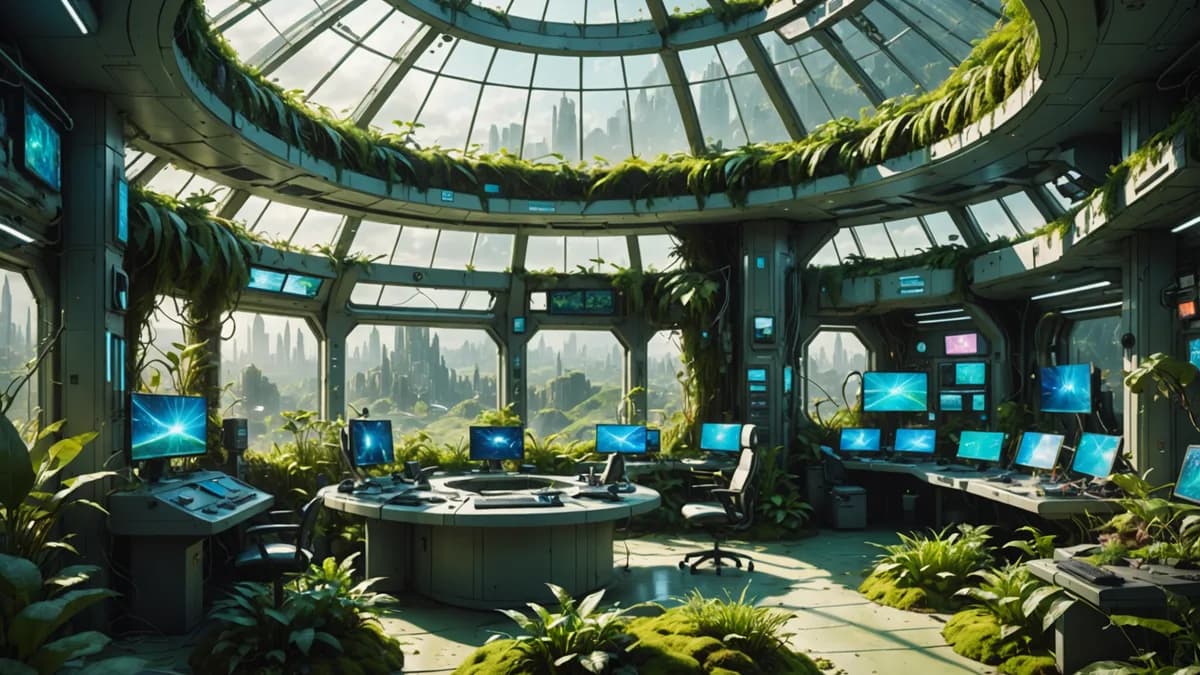 WIDE ESTABLISHING SHOT: A vast, serene control room overgrown with living plants and moss, with giant, gentle holographic data streams showing Earth's resource flows and happy citizen metrics. Soft morning light filters through a transparent dome roof ove