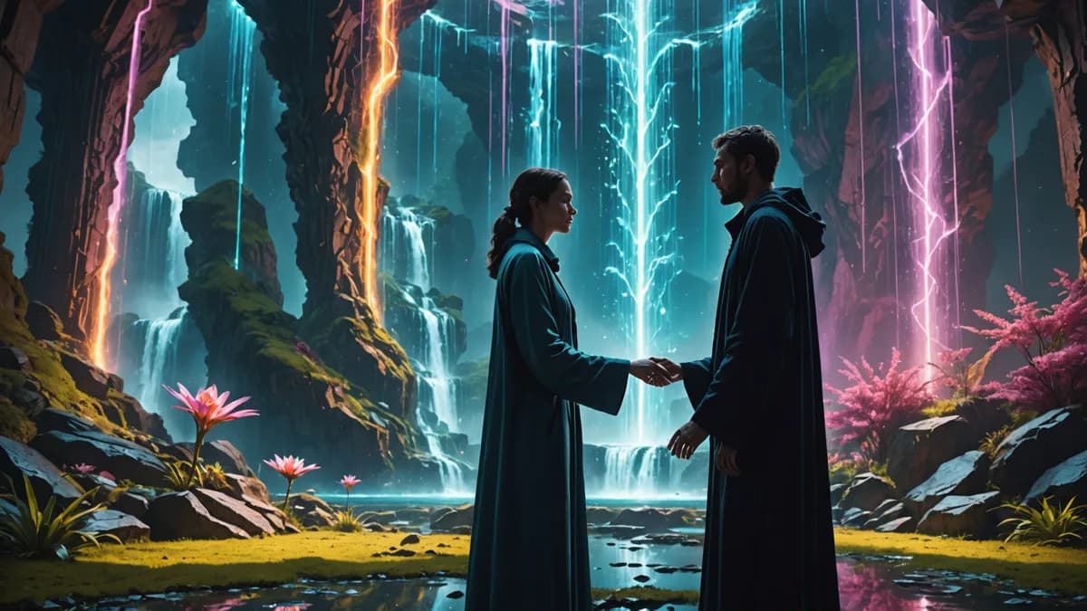 MEDIUM SCENE: A woman in simple robes interacts with a intense, focused man made of shimmering light and data fragments inside a breathtaking, impossible digital garden with floating mountains and waterfalls of code. Their body language is tense, conversa