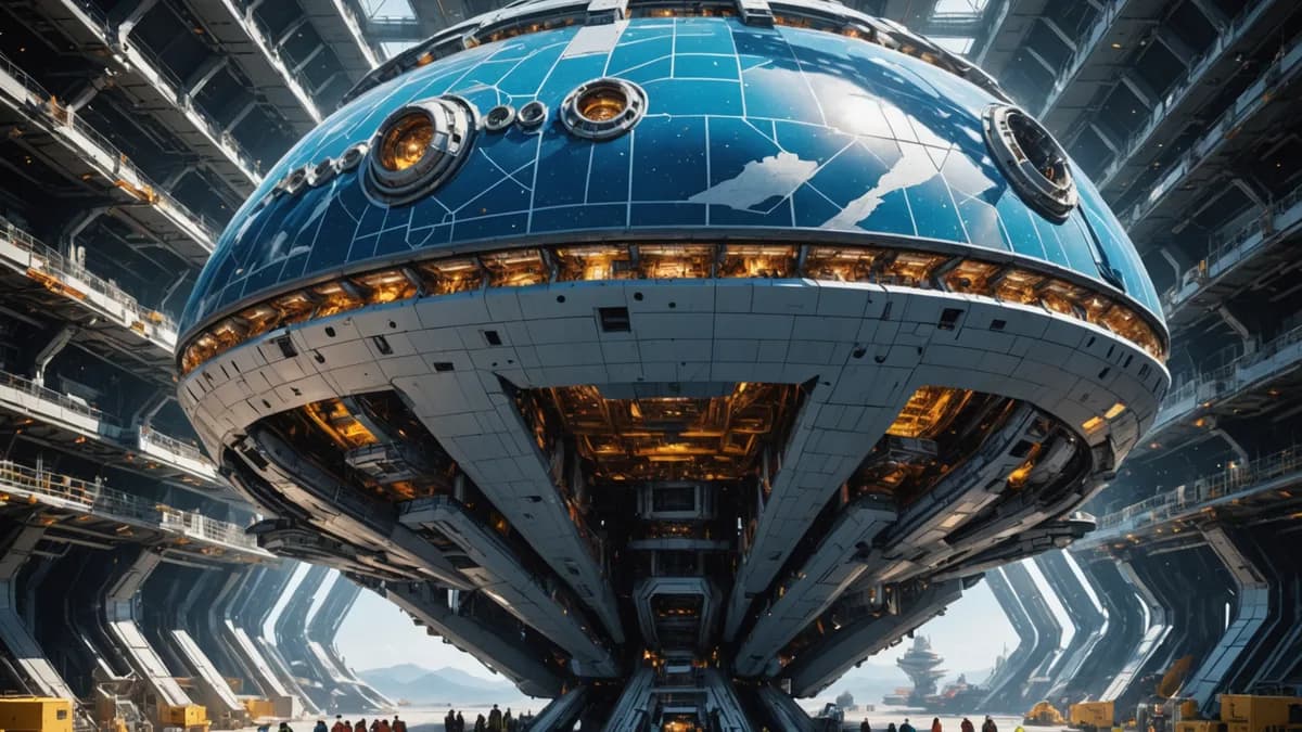 DETAIL/CONCEPT SHOT: A colossal, elegant starship under construction in a clean orbital shipyard, its framework surrounded by a vibrant mosaic of thousands of tiny, unique digital avatars and physical drones, all collaborating. The half-complete hull refl