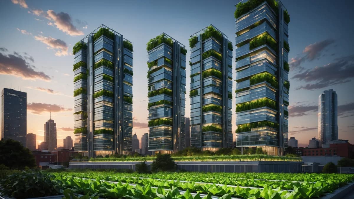 Wide establishing shot of Divina, a city of sleek silver towers with glowing green vertical farm stripes, under a twilight sky. In the foreground, a single, warmly lit rooftop bursts with unruly, colorful vegetation, a stark contrast to the geometric perf