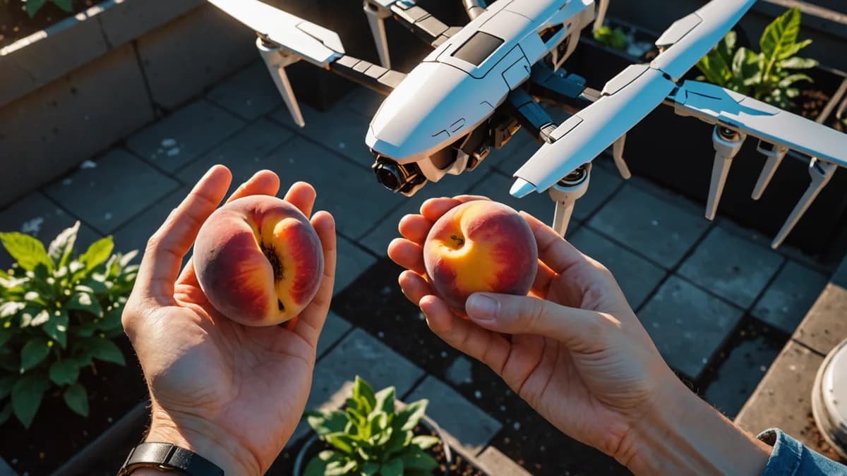 Medium scene of Elara's hands, soil-stained, gently holding a small, imperfect, sun-dappled peach while offering a slice to the glossy, hovering sensor of a KAIROS drone on the rooftop garden. The contrast between organic and technological is sharp. Digit