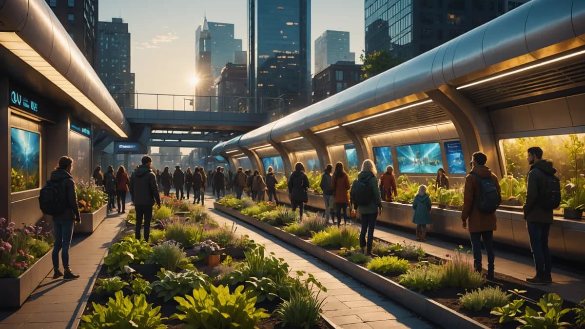 Detail/concept shot of a new 'Echo Garden' on a public city platform. A diverse group of people, young and old, are gathered not around screens but around planting beds, sharing tools and seedlings, their faces lit by golden hour light. A transport pod gl