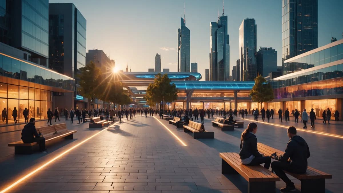 Wide establishing shot of a futuristic city plaza at golden hour, where benches and interactive light paths are gently rearranging themselves in response to invisible data streams, a few people immersed in quiet connection, digital art, cinematic lighting