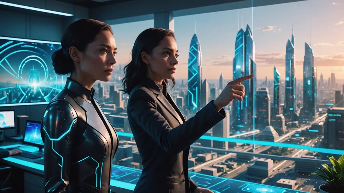 Medium scene of a woman (Maya) in a sleek, plant-filled office, pointing at a holographic city model, standing beside a subtly humanoid AI figure (ELIAS) with a calm, attentive face, their expressions hinting at a complex dialogue, digital art, soft dynam