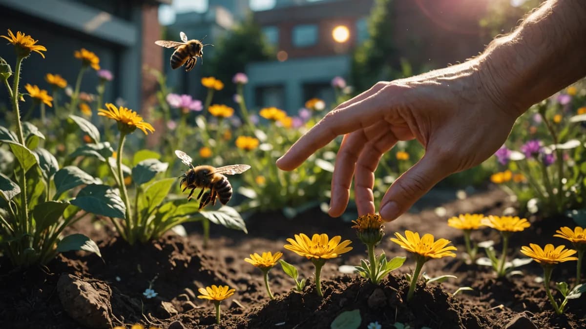 Detail scene of a human hand and a slightly luminescent AI hand touching the soil of a thriving, wild urban garden, a single bee landing on a flower between them, representing an unoptimized, natural moment of shared attention, digital art, close-up with 