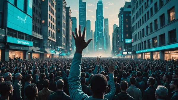 A wide, hopeful establishing shot of a diverse crowd in a city square at dusk, all looking upward with hands gently reaching out, their faces illuminated by a soft, ambient cyan light from the sky. Digital art, cinematic lighting, futuristic, no text, no 