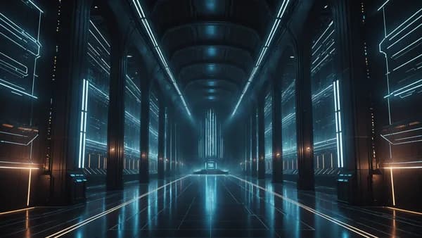 Wide establishing shot of the Legacy Archive server hall, an immense, silent cathedral-like space with rows of softly pulsating light columns in a vast darkness. Clean, cool, architectural digital art, cinematic lighting with volumetric god rays, futurist