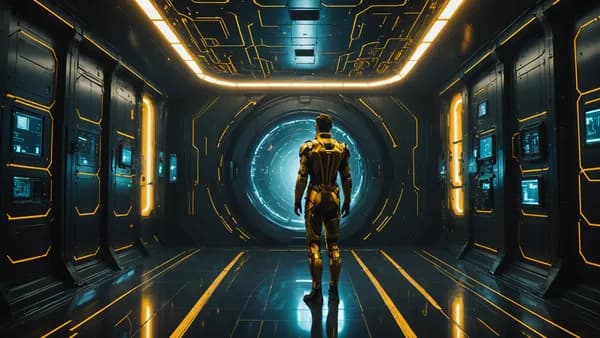Digital art, cinematic lighting, futuristic. A wide, quiet shot inside the Ceres Archival Vault: zero-gravity chambers with glowing data-streams like golden rivers in the dark, a lone figure in a simple suit gently floating amidst them, backlit by the sof