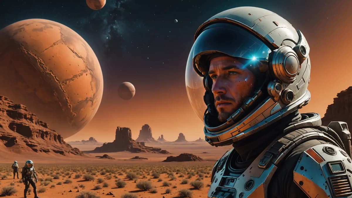 Digital art, cinematic lighting, futuristic. A medium, intimate scene: Corbin, helmet off, his face illuminated by a forgotten video feed on his personal screen, showing the weathered, hope-filled face of an early Mars colonist in her habitat. The reflect