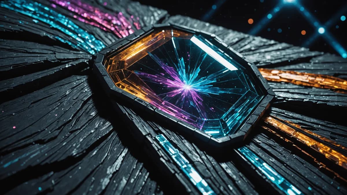 Digital art, cinematic lighting, futuristic. A conceptual detail shot: a data-crystal, etched with raw waveforms, rests on a rough, textured fabric of a Belter's patchwork jumpsuit. In the background, blurred, is a communal screen in a bustling asteroid-h