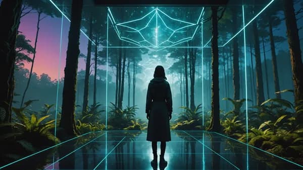 Wide establishing shot: A woman stands before a vast, translucent holographic interface in a sleek studio cantilevered over a lush, rewilded forest at dawn. Glowing quantum fractal patterns like growing coral reefs float in the air. Digital art, cinematic