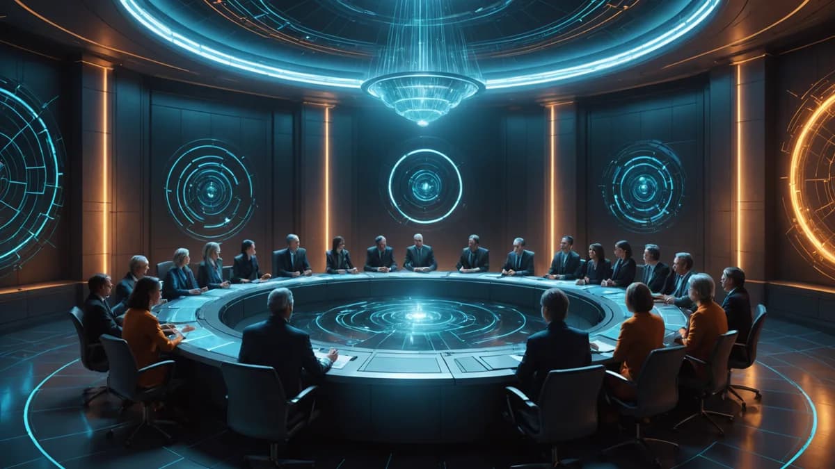 Medium scene: A tense meeting in a circular council chamber with walls that are dynamic quantum displays showing flowing data streams. The female protagonist faces a semi-circle of holographic council members, a single, complex prison blueprint glowing be