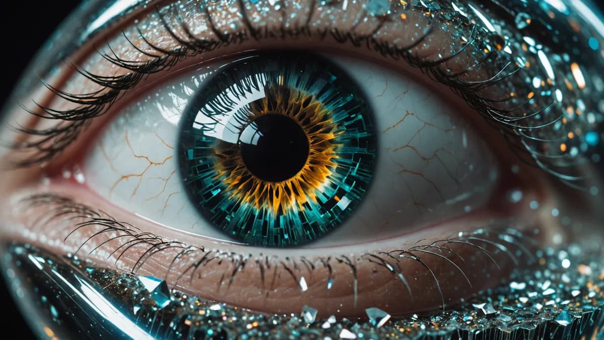 Detail/concept shot: A close-up of a human eye reflected in the shimmering surface of a floating, contained quantum crystal. Within the crystal's core, a miniature, perfect world of forests and mountains is visible, but a single, faint crack of white ligh