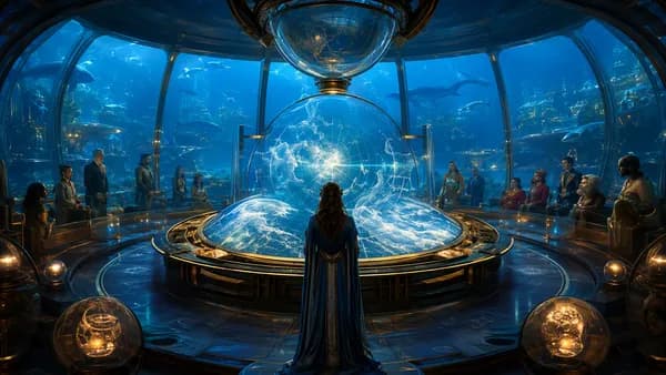 Medium scene inside a submerged weather control chamber with a woman rainwright facing a curved holographic atmosphere map, diverse city council members visible through glass partitions, ocean life drifting outside enormous windows, warm instrument glow a