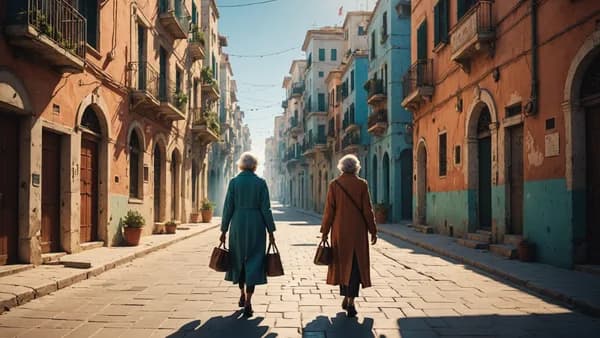 **Wide Shot:** An elderly woman walks alone down a spotless, empty, sun-drenched street in a futuristic mediterranean city, stark geometric buildings on either side, cinematic lighting with long shadows, digital art style, hyper-realistic, mood of serene 