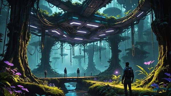 Digital art, cinematic lighting, futuristic style. A wide, serene establishing shot from inside ‘Aeire’: a vast, bioluminescent rainforest canopy at twilight, with delicate bridges and nests glowing in soft blues and violets, inhabited by graceful, shadow