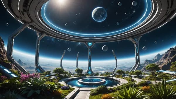 A wide, serene establishing shot of the 'Agora' orbital habitat, a ring of gardens and glass against the curve of Earth below, with faint, silent beams of light representing data streams and sanctions connecting to the planet. digital art, cinematic light