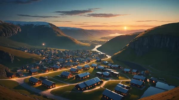 A wide, serene establishing shot of a futuristic Scandinavian valley at dusk, with a small, warm-lit village nestled in the center, contrasted against a faint, glowing lattice of energy in the sky above. Digital art, cinematic lighting, atmospheric, tranq