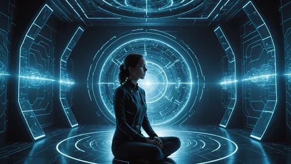 WIDE SHOT: A lone woman, Dr. Elara Vance, sits before a massive, translucent quantum core interface in a serene, minimalist chamber. Soft blue light emanates from the core, illuminating floating holographic models of ancient cryptographic keys disintegrat