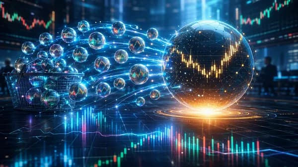 Dominant tokenized stock sphere amid smaller tokens and market charts, suggesting trading concentration risk.
