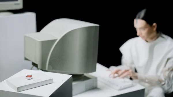 A scientist working in a laboratory with vintage computer equipment and a warning button.