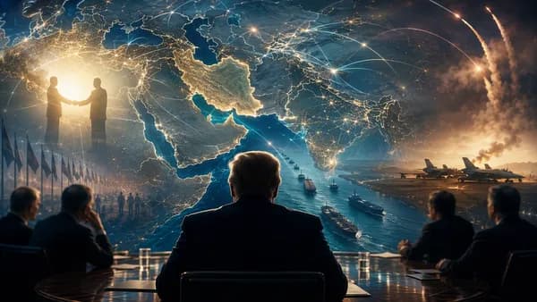 US-Iran crisis scene with Hormuz tankers, paused strikes, diplomacy, and a glowing global map.