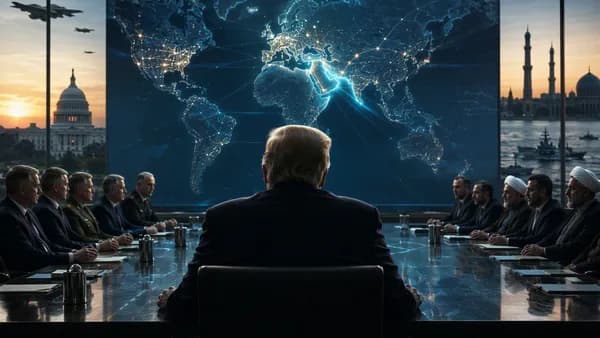 Silhouetted U.S. and Iranian negotiators over a glowing world map and Hormuz standoff.