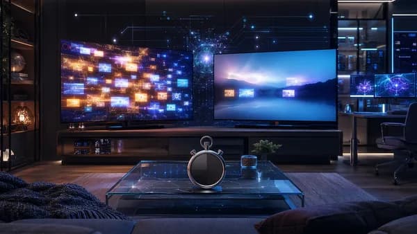 Futuristic media room comparing two ad-heavy free streaming screens with abstract analytics and a stopwatch.