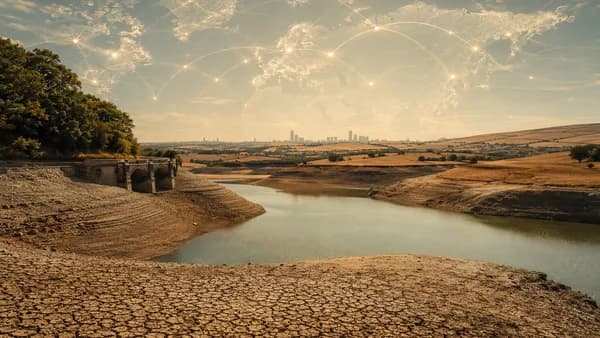 Parched England and Wales landscape with low reservoirs under heatwave skies and global climate map overlay